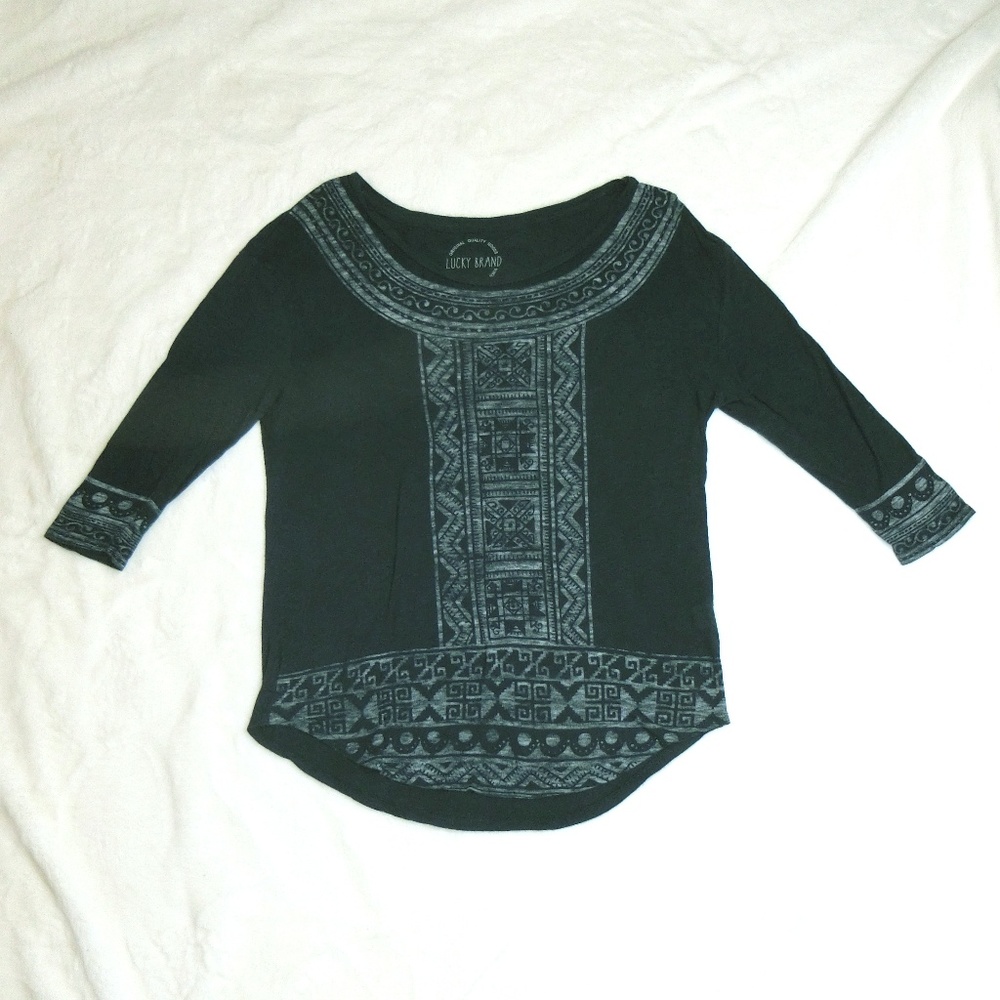 Lucky Brand 3/4 Sleeve Aztec Shirt Top Blouse Navy